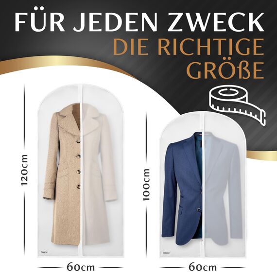 Bruce.® 6x Kleidersack Transparent - 3x 100×60 cm & 3x 120x60 cm – Atmungsaktive Kleiderhüllen aus PEVA für Anzug, Mantel, Kleid & Jacke – Für Reise & Aufbewahrung - Kleidersäcke herren