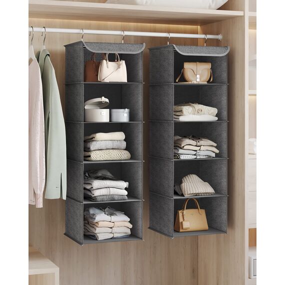 SONGMICS RCH005G02 Kleiderschrank-Hängesack, Faltbare platzsparende Hängetasche mit Metallhaken, Bambusverstärkung, Leinenmuster, Grau, 2 Stück