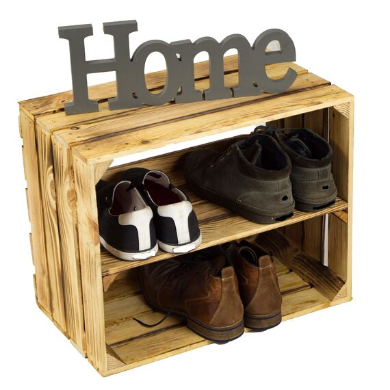 3 x Schuhschrank Schuhregal aus geflammten Holzkisten Schuhablage für 12 Paar Schuhe als Schuhständer Schuhaufbewahrung aus Holz Maße 50x30x40cm (je Kiste) stabiles Regal in Obstkisten Optik