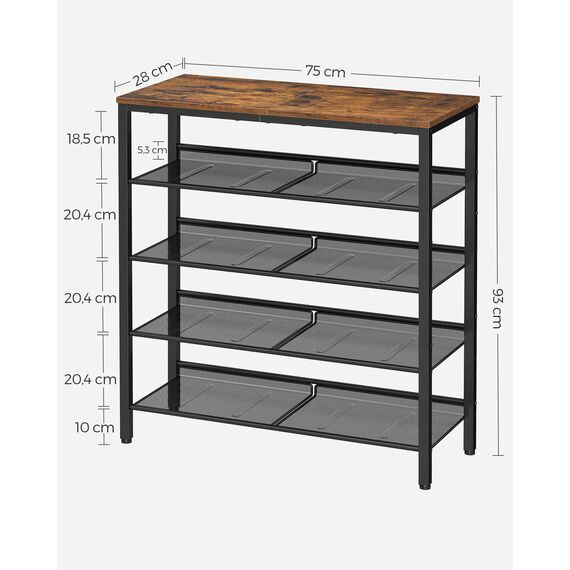 VASAGLE Schuhregal, Schuhablage, 5 Ebenen, große Oberfläche, verstellbare Gitterablagen, platzsparend für Eingangsbereich Flur, Metall, Industrie-Stil, vintagebraun-tintenschwarz LBS038B01