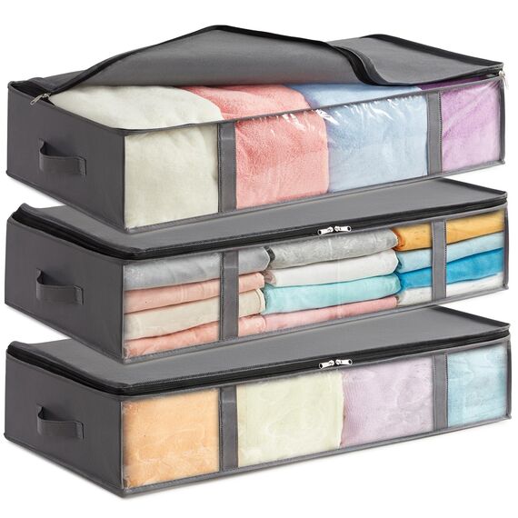 Lifewit 3 Stück 90L Unterbett Aufbewahrungsbox, Faltbare Unterbettkommode Aufbewahrungstasche Storage Boxes mit Deckel, Unterbett Aufbewahrung für Kleider Unterbett Kleiderschrank, Grau