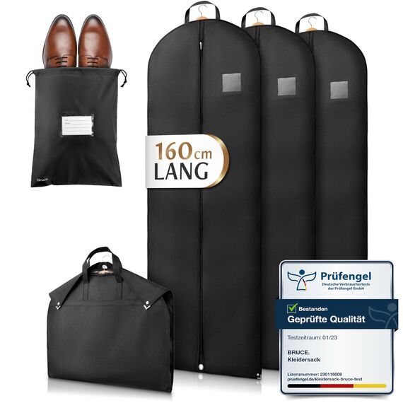 Bruce.® 3x Kleidersack Lang 160x60 cm inkl. 1x Schuhbeutel – 120 GSM Premium Kleiderhülle für Abendkleid, Robe & Trachten - Atmungsaktive Schutzhülle für Reisen & Kleiderschrank - Kleidersäcke herren