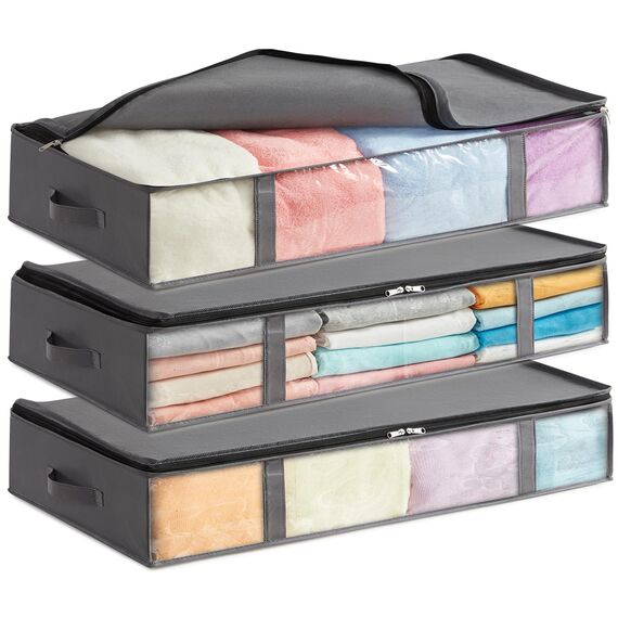 Lifewit 3 Stück 75L Unterbett Aufbewahrungsbox, Faltbare Unterbettkommode Aufbewahrungstasche Storage Boxes mit Deckel, Unterbett Aufbewahrung für Kleider Unterbett Kleiderschrank, Grau