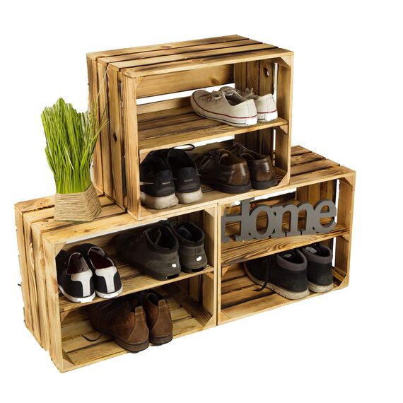 3 x Schuhschrank Schuhregal aus geflammten Holzkisten Schuhablage für 12 Paar Schuhe als Schuhständer Schuhaufbewahrung aus Holz Maße 50x30x40cm (je Kiste) stabiles Regal in Obstkisten Optik