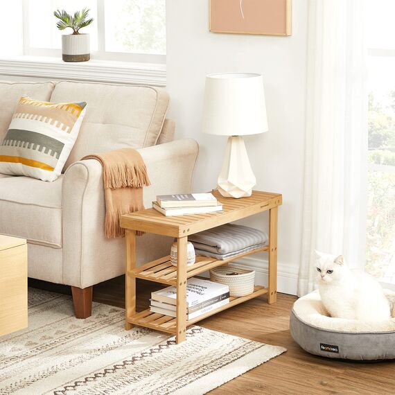 SONGMICS Schuhregal, Schuhschrank mit Sitzbank, Bambus Schuhbank mit 3 Ablagen, 70 x 28 x 45 cm ideal für Flur, Bad, Wohnzimmer, Diele, LBS04N, Naturfarben