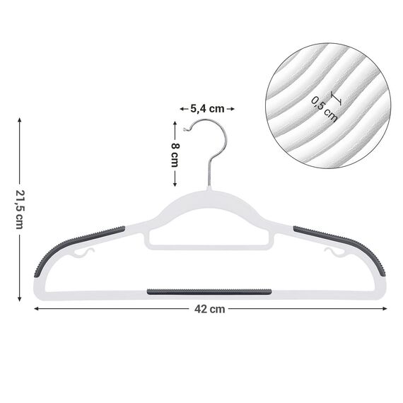 SONGMICS Kleiderbügel 30er Set, Bügel aus Kunststoff, rutschfest, platzsparend, Dicke 0,5 cm, 42 cm lang, um 360° drehbarer Haken in Silber, weiß-dunkelgrau CRP20WG30