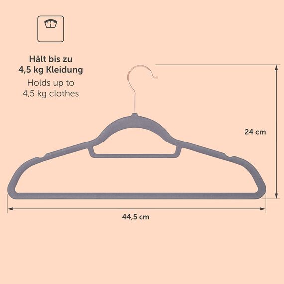 Blumtal Kleiderbügel 50 Stück - Samtbezug, 360° drehbar und belastbar - Platzsparend und rutschfest - Grau