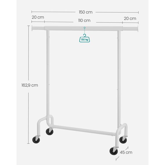SONGMICS Kleiderständer auf Rollen, Garderobenständer, hochbelastbar, ausziehbare Kleiderstange, bis 130 kg belastbar, 45 x (110-150) x 162,9 cm, aus Metall, verchromt, mattweiß HSR011W01