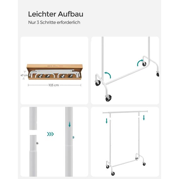 SONGMICS Kleiderständer auf Rollen, Garderobenständer, hochbelastbar, ausziehbare Kleiderstange, bis 130 kg belastbar, 45 x (110-150) x 162,9 cm, aus Metall, verchromt, mattweiß HSR011W01