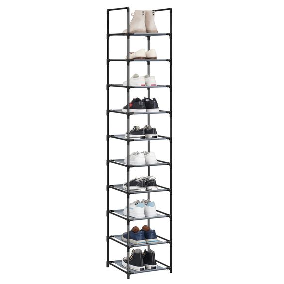 SONGMICS Schuhregal, 10 Ebenen, Schuhablage, Schuhaufbewahrung, schmal, 33 x 33 x 173 cm, Metallgestell, Ablagen aus Vliesstoff, für Flur, Schlafzimmer, grau LSR110G01