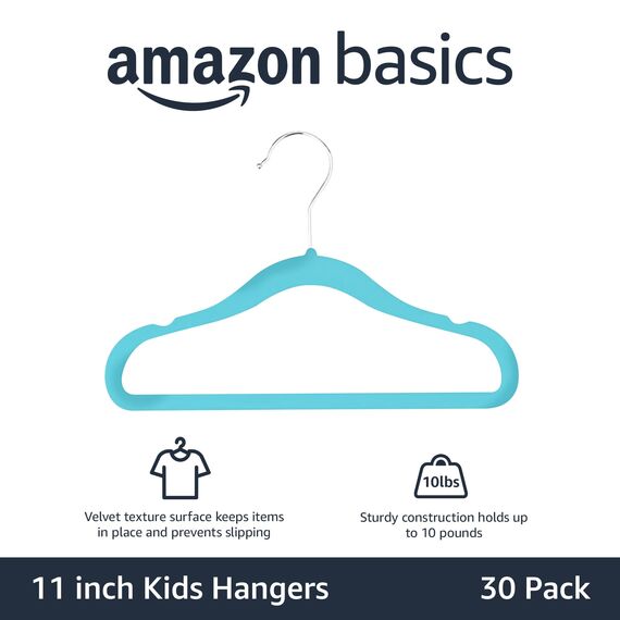 Amazon Basics Kinder-Kleiderbügel aus Samt mit Rutschfester Oberfläche, Babygröße 29,5cm, 30er-Pack, Blau
