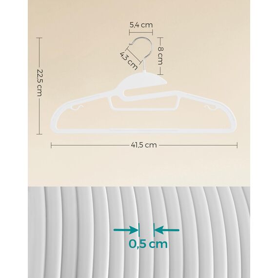 SONGMICS Kleiderbügel Kunststoff, 20er Set, Bügel mit U-förmiger Öffnung, platzsparend, 0,5 cm dick, 41,5 cm breit, um 360° drehbarer Haken, weiß CRP041W02