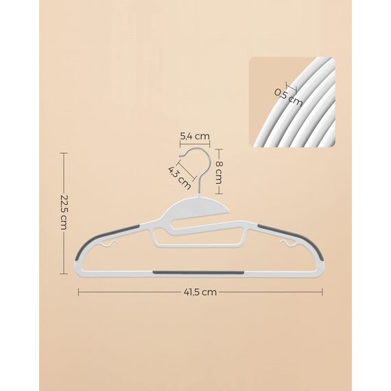 SONGMICS Kleiderbügel Kunststoff, 50er Set, Bügel mit U-förmiger Öffnung, platzsparend, 0,5 cm dick, 41,5 cm breit, um 360° drehbarer Haken, weiß-dunkelgrau CRP041W04