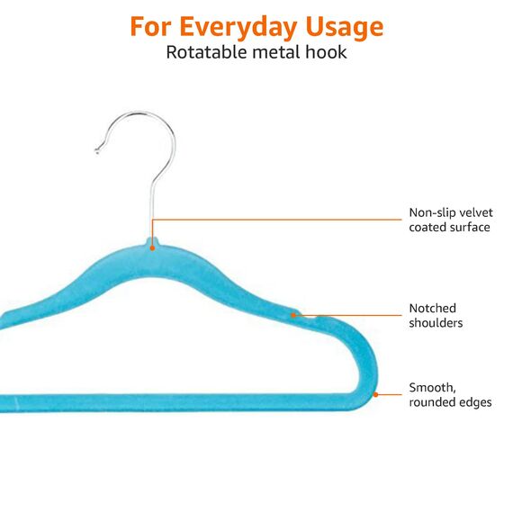 Amazon Basics Kinder-Kleiderbügel aus Samt mit Rutschfester Oberfläche, Babygröße 29,5cm, 30er-Pack, Blau