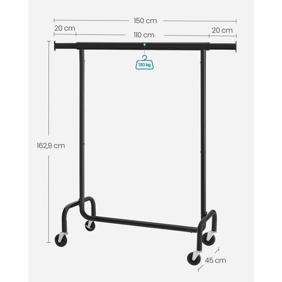 SONGMICS Kleiderständer auf Rollen, Garderobenständer, hochbelastbar, ausziehbare Kleiderstange, bis 130 kg belastbar, 45 x (110-150) x 162,9 cm, aus Metall, verchromt, Mattschwarz HSR011B01