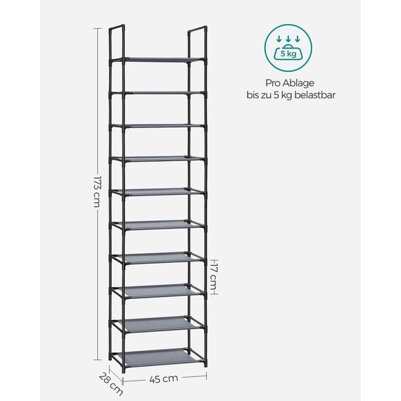 SONGMICS Schuhregal, 10 Ebenen, Schuhablage, Schuhaufbewahrung, schmal, 28 x 45 x 173 cm, Metallgestell, Ablagen aus Vliesstoff, für Flur, Schlafzimmer, grau LSH010G01