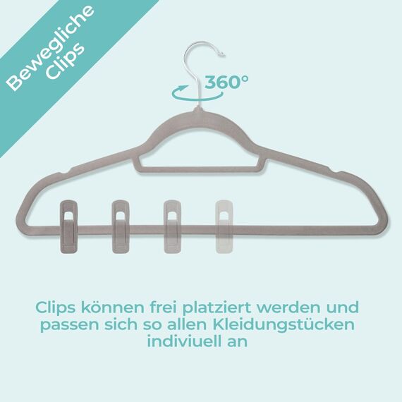 Blumtal Kleiderbügel 30 Stück Mit Clips - 360° Drehbar, Platzsparend, Rutschfest - Mit Klammern für Röcke und Hosen - Samt - Grau