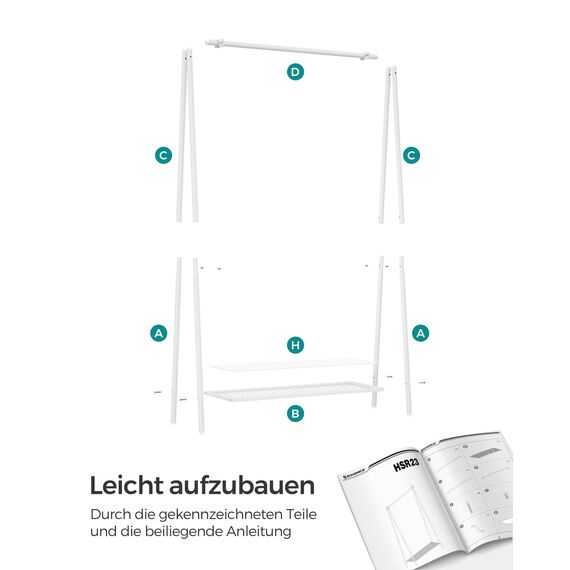 SONGMICS Kleiderständer, Garderobe, Garderobenständer, Kleiderablage, Stahlrahmen, mit Stange und Regal, 33,5 x 92,5 x 153 cm, für Schlafzimmer, Garderobe, Waschküche, Weiß HSR023W01