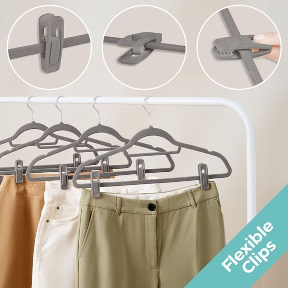 Blumtal Kleiderbügel 30 Stück Mit Clips - 360° Drehbar, Platzsparend, Rutschfest - Mit Klammern für Röcke und Hosen - Samt - Grau