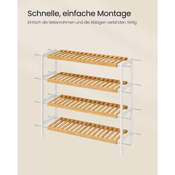 SONGMICS Schuhregal aus Bambus, Schuhablage mit 4 Ebenen, Schuh-Organizer, Regal für Schuhe, Pflanzen, Bücher, Flur, Wohnzimmer, Schlafzimmer, 26 x 70 x 75,5 cm, weiß-naturfarben LBS007KZ01