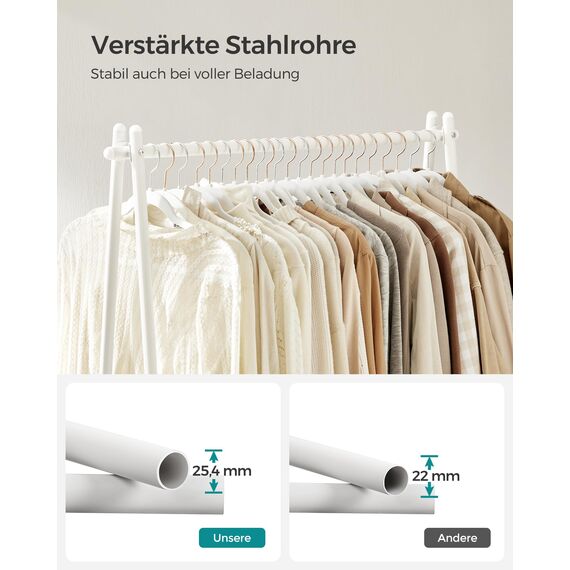 SONGMICS Kleiderständer, Garderobe, Garderobenständer, Kleiderablage, Stahlrahmen, mit Stange und Regal, 33,5 x 92,5 x 153 cm, für Schlafzimmer, Garderobe, Waschküche, Weiß HSR023W01