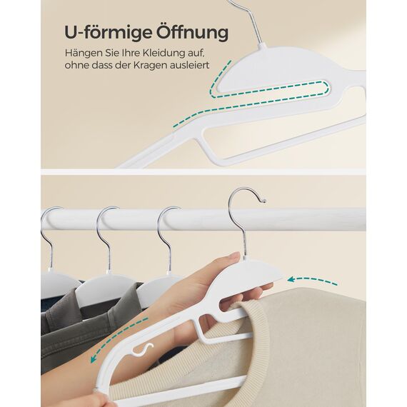 SONGMICS Kleiderbügel Kunststoff, 20er Set, Bügel mit U-förmiger Öffnung, platzsparend, 0,5 cm dick, 41,5 cm breit, um 360° drehbarer Haken, weiß CRP041W02
