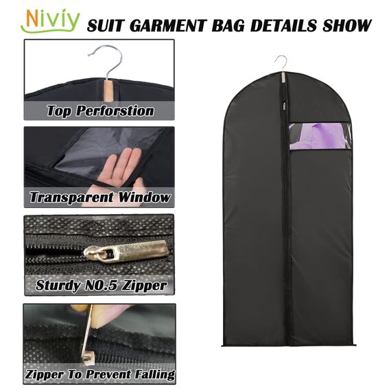 Niviy kleidersack Anzug Schwarz 5 xReise kleidersäcke Lang 60X120CM Wasserdicht Atmungsaktiv Stoff,Für Anzüge Kleider Mäntel Sakkos Hemden Abendkleider Anzugsack kleiderschutzhüllen Mit Reißverschluss