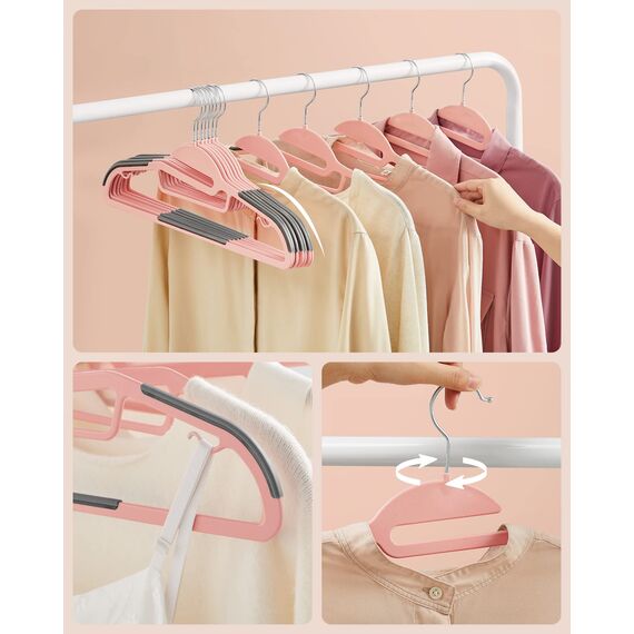 SONGMICS Kleiderbügel Kunststoff, 50er Set, Bügel mit U-förmiger Öffnung, platzsparend, 0,5 cm dick, 41,5 cm breit, um 360° drehbarer Haken, rosa-dunkelgrau CRP041P02