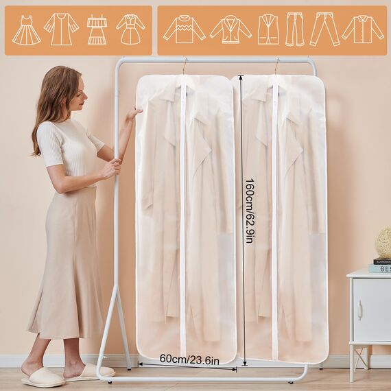 GoMaihe Kleidersack 8-Stück Lang 60CM×160CM Transparent Anzug: Kleidersäcke mit Reißverschluss für Anzüge Kleider Abendkleider Jacken Mäntel Kleidung Aufbewahrung Weiß