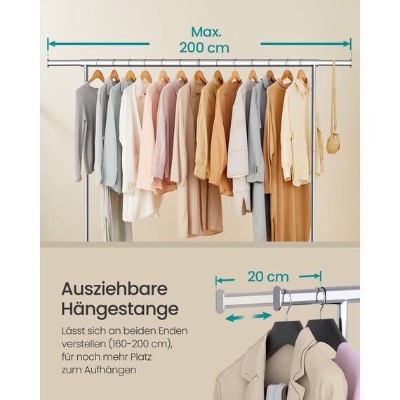 SONGMICS Kleiderständer auf Rollen, Garderobenständer, hochbelastbar, ausziehbare Kleiderstange, bis 110 kg belastbar, 45 x (160-200) x 162,9 cm, aus Metall, verchromt, silbern HSR176E01