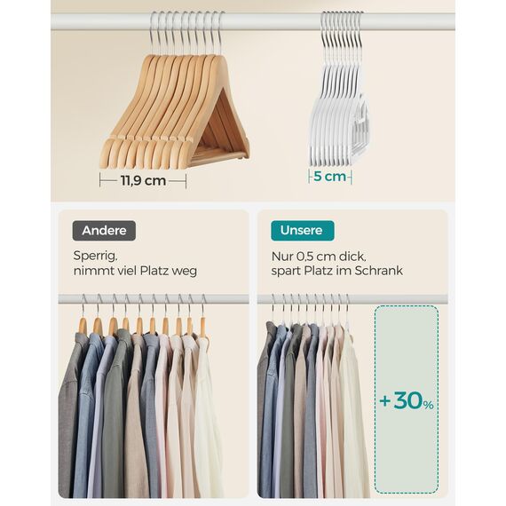 SONGMICS Kleiderbügel Kunststoff, 20er Set, Bügel mit U-förmiger Öffnung, platzsparend, 0,5 cm dick, 41,5 cm breit, um 360° drehbarer Haken, weiß CRP041W02