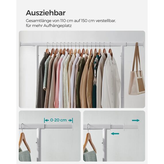 SONGMICS Kleiderständer auf Rollen, Garderobenständer, hochbelastbar, ausziehbare Kleiderstange, bis 130 kg belastbar, 45 x (110-150) x 162,9 cm, aus Metall, verchromt, mattweiß HSR011W01