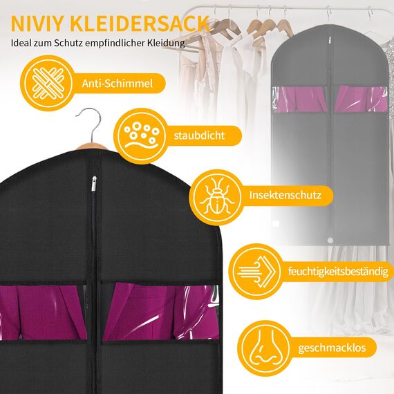 Niviy kleidersack Lang 110X60CM Reißverschluss Kleiderhülle Schwarz Anzugtasche für Reisen Atmungsaktiv Premium Oxford-Stoff,Für Anzüge Kleider Mäntel Sakkos Hemden Abendkleider Aufbewahrung 5PCS