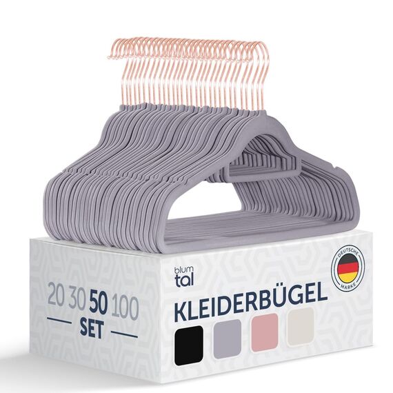 Blumtal Kleiderbügel 50 Stück - Samtbezug, 360° drehbar und belastbar - Platzsparend und rutschfest - Grau