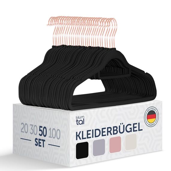 Blumtal Kleiderbügel 50 Stück - Samtbezug 360° drehbar und belastbar - Platzsparend und rutschfest - Schwarz