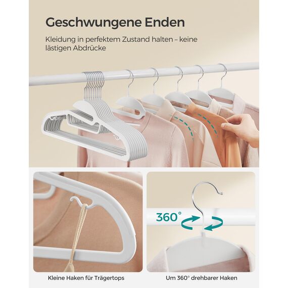 SONGMICS Kleiderbügel Kunststoff, 20er Set, Bügel mit U-förmiger Öffnung, platzsparend, 0,5 cm dick, 41,5 cm breit, um 360° drehbarer Haken, weiß CRP041W02