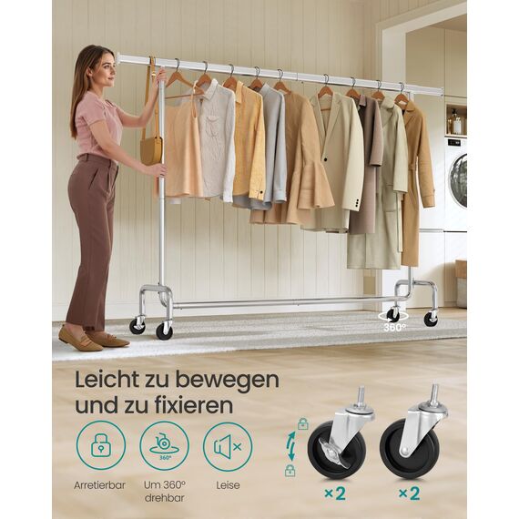 SONGMICS Kleiderständer auf Rollen, Garderobenständer, hochbelastbar, ausziehbare Kleiderstange, bis 110 kg belastbar, 45 x (160-200) x 162,9 cm, aus Metall, verchromt, silbern HSR176E01