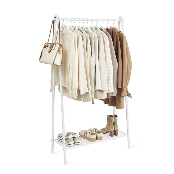 SONGMICS Kleiderständer, Garderobe, Garderobenständer, Kleiderablage, Stahlrahmen, mit Stange und Regal, 33,5 x 92,5 x 153 cm, für Schlafzimmer, Garderobe, Waschküche, Weiß HSR023W01