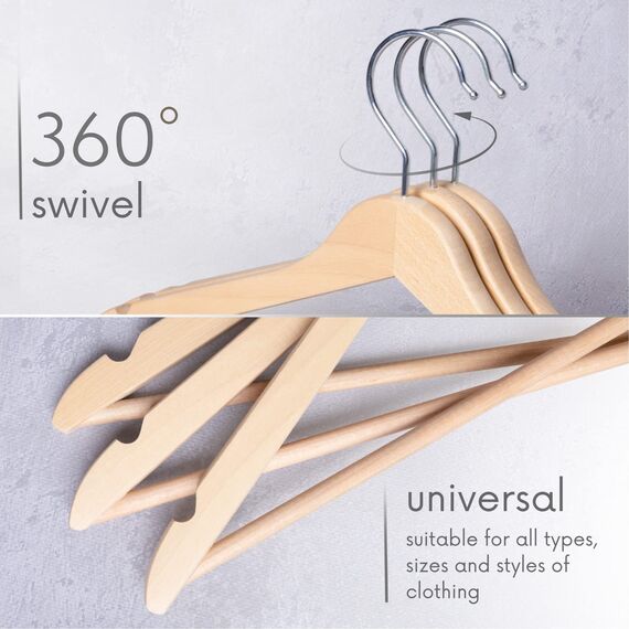 OGIVO Kleiderbügel Holz – 10er Set Holzbügel Bügel aus Holz für Ihre Garderobe – 360° drehbarer Haken – Einkerbungen an den Schultern – Hangers Clothes (Natur)