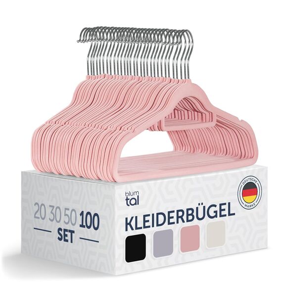 Blumtal Kleiderbügel 100 Stück - Samtbezogene, 360° drehbar und belastbar - Platzsparend und rutschfest - Rosa Farbe