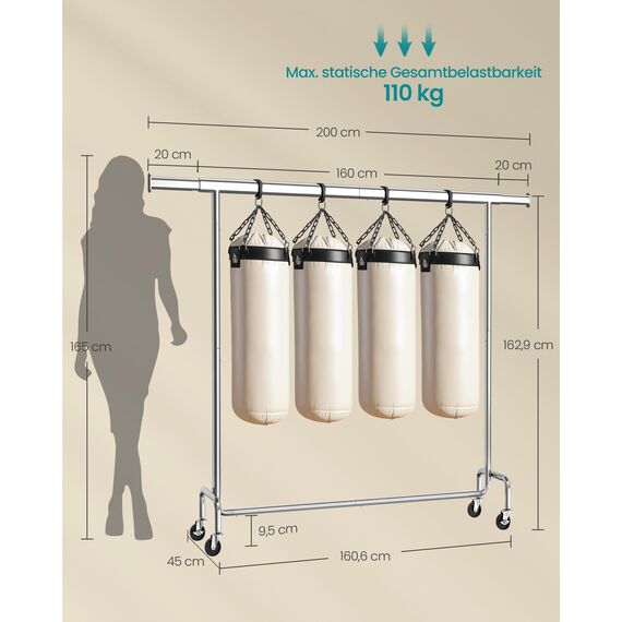 SONGMICS Kleiderständer auf Rollen, Garderobenständer, hochbelastbar, ausziehbare Kleiderstange, bis 110 kg belastbar, 45 x (160-200) x 162,9 cm, aus Metall, verchromt, silbern HSR176E01