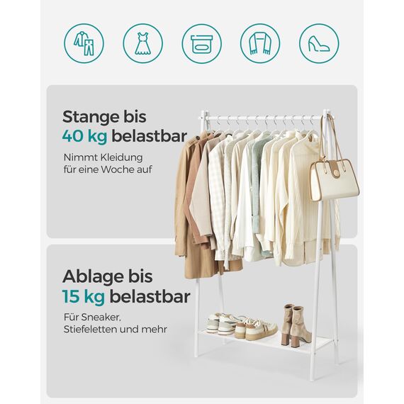 SONGMICS Kleiderständer, Garderobe, Garderobenständer, Kleiderablage, Stahlrahmen, mit Stange und Regal, 33,5 x 92,5 x 153 cm, für Schlafzimmer, Garderobe, Waschküche, Weiß HSR023W01