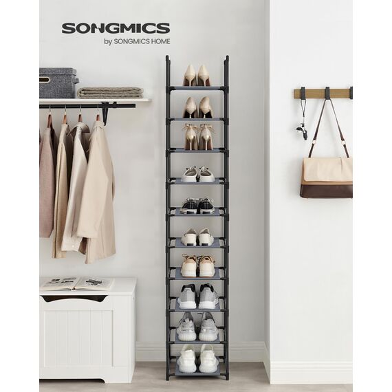 SONGMICS Schuhregal, 10 Ebenen, Schuhablage, Schuhaufbewahrung, schmal, 33 x 33 x 173 cm, Metallgestell, Ablagen aus Vliesstoff, für Flur, Schlafzimmer, grau LSR110G01