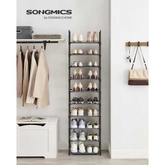 SONGMICS Schuhregal, 10 Ebenen, Schuhablage, Schuhaufbewahrung, schmal, 28 x 45 x 173 cm, Metallgestell, Ablagen aus Vliesstoff, für Flur, Schlafzimmer, grau LSH010G01