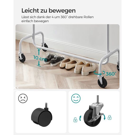 SONGMICS Kleiderständer auf Rollen, Garderobenständer, hochbelastbar, ausziehbare Kleiderstange, bis 130 kg belastbar, 45 x (110-150) x 162,9 cm, aus Metall, verchromt, mattweiß HSR011W01