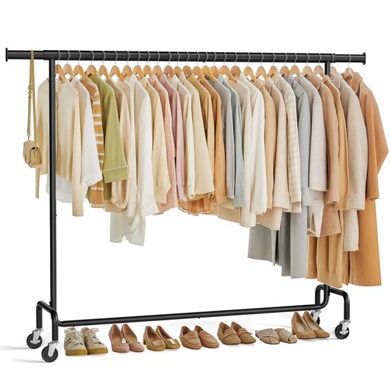 SONGMICS Kleiderständer auf Rollen, Garderobenständer, hochbelastbar, ausziehbare Kleiderstange, bis 110 kg belastbar, 45 x (160-200) x 162,9 cm, aus Metall, verchromt, mattschwarz HSR176B01