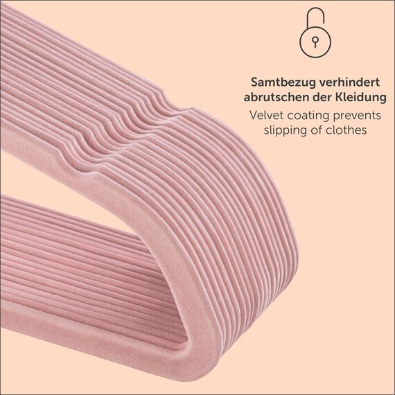 Blumental Kleiderbügel 50 Stück - 360° Drehbar und Rutschfest - Platzsparend in Rosa mit Samtbezug