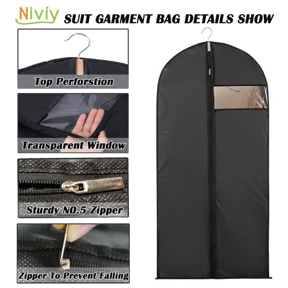 Niviy kleidersack Lang 60X160 cm Hochwertiger Schwarz 5 X kleidersäcke Atmungsaktiv Stoff,Mit Sichtbarem Fenster Für Anzüge Kleider Mäntel Sakkos Brautkleidern Abendkleider Anzugsack Aufbewahrung