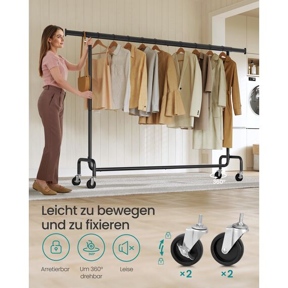 SONGMICS Kleiderständer auf Rollen, Garderobenständer, hochbelastbar, ausziehbare Kleiderstange, bis 110 kg belastbar, 45 x (160-200) x 162,9 cm, aus Metall, verchromt, mattschwarz HSR176B01