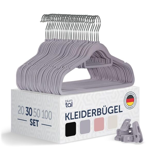 Blumtal Kleiderbügel 30 Stück Mit Clips - 360° Drehbar, Platzsparend, Rutschfest - Mit Klammern für Röcke und Hosen - Samt - Grau